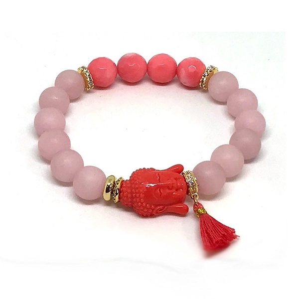 Picture of Buddha Charm, Coral, Pink Quartz Bracelet 