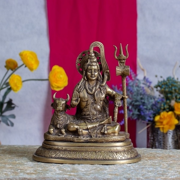 Picture of Shiva with Trident and Cow, Brass Statue 8" tall